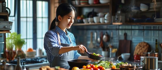 Young beauty asian woman cooking in kitchen room at home. Copy space image. Place for adding text - obrazy, fototapety, plakaty