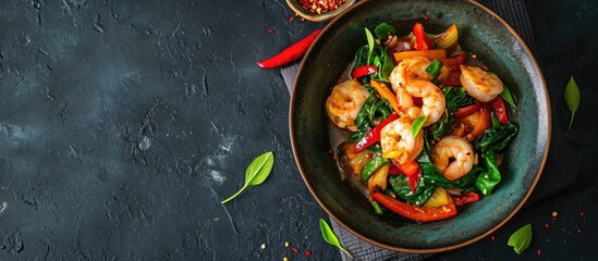 Traditional stir fried Thai phak kung as top view in a bowl with copy space right. Copy space image. Place for adding text
