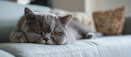 Cute British Shorthair cat lies down on a white couch and looks away with a sad face in a house in Edinburgh Scotland United Kingdom. Copy space image. Place for adding text - Powered by Adobe