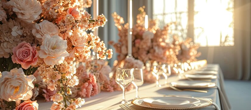 Beautiful wedding table decoration and wedding table setting. Copy space image. Place for adding text