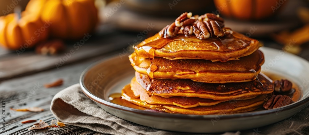 Poster stack of homemade pumpkin pancakes with pecans and maple syrup selective focus. copy space image. pl