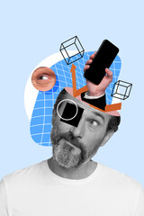 Virtual surreal photo collage of thoughts visualization inside head of middle aged business man...