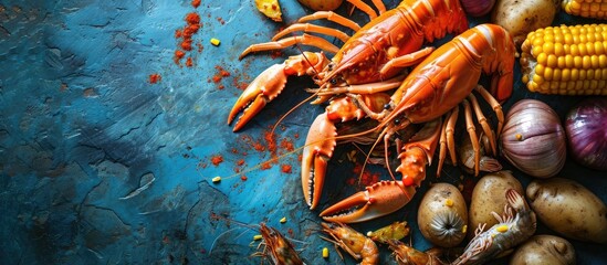 A wood platter of boiled southern garlic seafood including shrimp crab legs corn on the cob and new potatoes on a bright blue surface. Copy space image. Place for adding text
