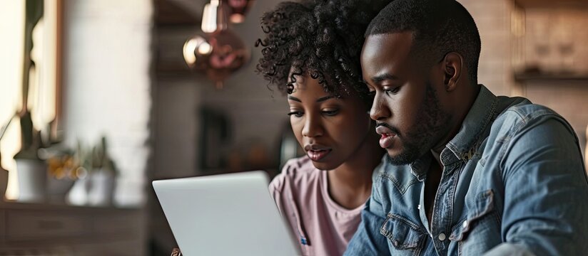 African American Couple Using Laptop To Check Finances At Home. Copy space image. Place for adding text