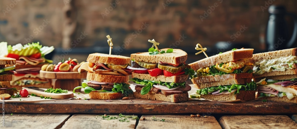 Aufkleber picture of various sandwiches on a shop counter. copy space image. place for adding text