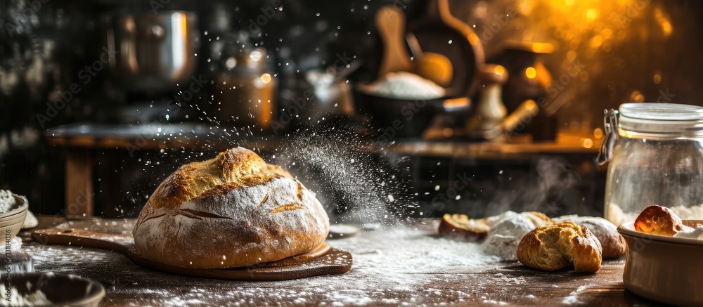 Aufkleber home cooking pancake bakery preparation whisking flour and water making bread at home bread baking. 
