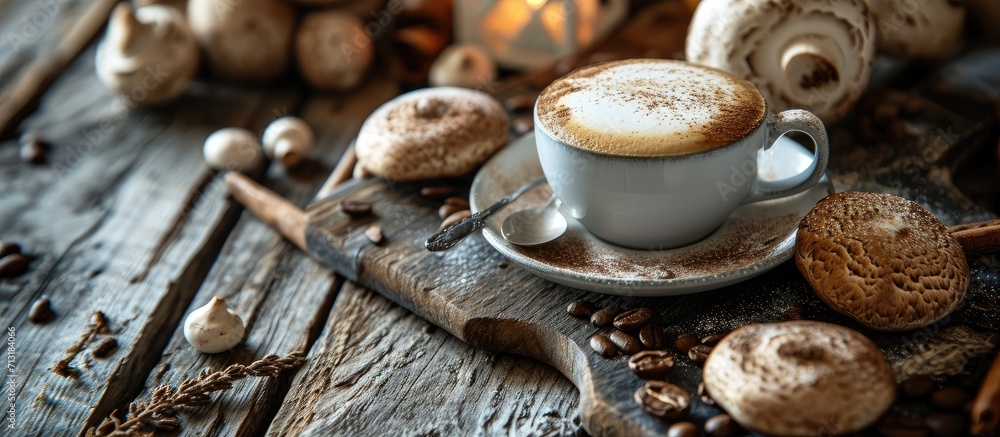 Poster mushrooms biscuits with cappuccino coffee studio photo. copy space image. place for adding text