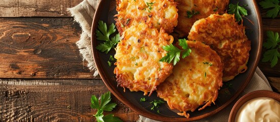 Potato Cakes Vegetable fritters latkes hash browns Vegetable pancakes. Copy space image. Place for adding text - obrazy, fototapety, plakaty
