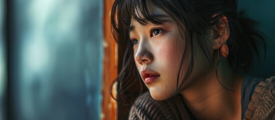 Asian girl feel depressed and cry due to accusation and suffer bullying. Copy space image. Place for adding text - obrazy, fototapety, plakaty