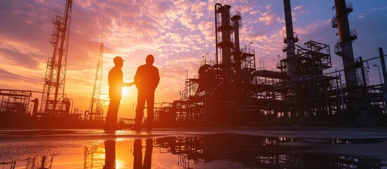 Silhouette of Teams engineer and foreman working at petrochemical oil refinery in sunset. Copy space image. Place for adding text - obrazy, fototapety, plakaty
