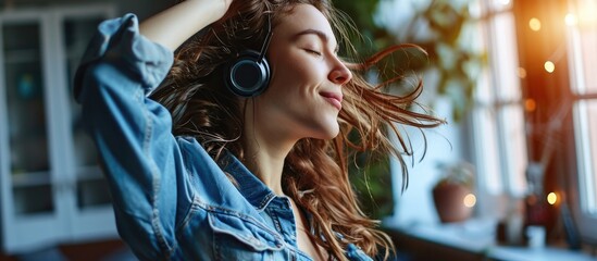 Full body beautiful woman meloman in casual clothes and wireless headphones raising arms jumping and dancing near sofa while having fun in living room in weekend at home. Copy space image - obrazy, fototapety, plakaty