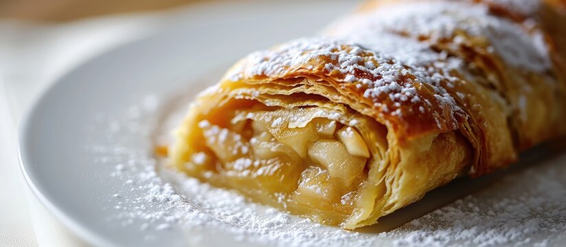 Apple Strudel close up served on a white plate Salzburg style in Salzburger Land Austria a diagonal view. Copy space image. Place for adding text