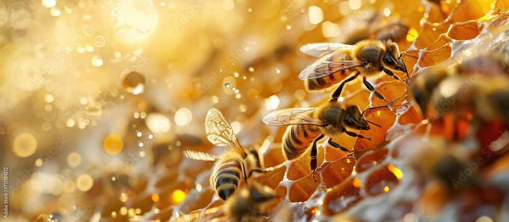 Poster close up honeycomb beehive nectar bee golden yellow. copy space image. place for adding text