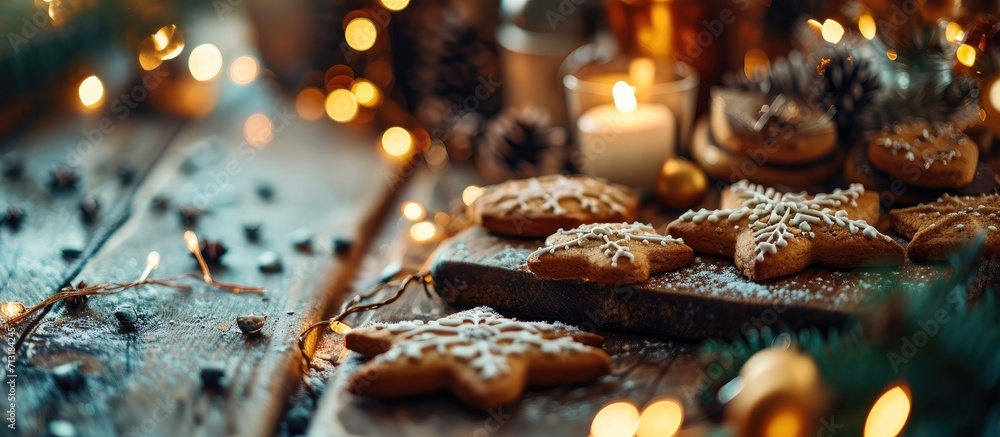 Poster christmas cookies on sheet or plate with golden lights on rustic table baking traditional snowman tr