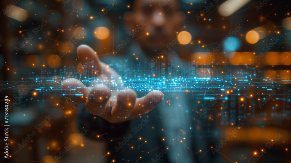 Poster businessman on blurred background using digital holographic interface 3d rendering