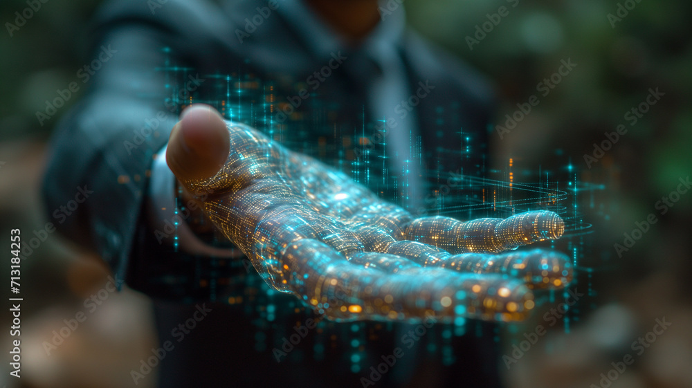 Aufkleber businessman on blurred background using digital holographic projection 3d rendering