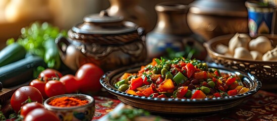A high angle view color studio image of Egyptian Arabian Middle Eastern Traditional food Fava Beans with Vegetables Green Paprika A K A Foul Also served in Lebanon and most of Arabian countrie - obrazy, fototapety, plakaty