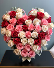 Heart shaped bouquet of red. white and pink roses on white background
