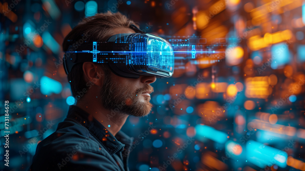 Aufkleber young man wearing virtual reality goggles in front of data center. 3d rendering