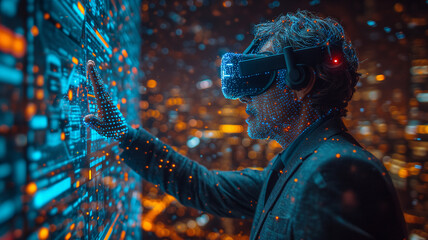Businessman wearing virtual reality goggles in front of a night city background - obrazy, fototapety, plakaty