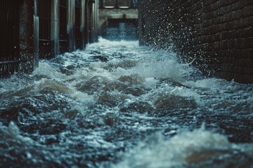 urban flooding with turbulent waters rapidly flowing through a narrow alley between brick buildings