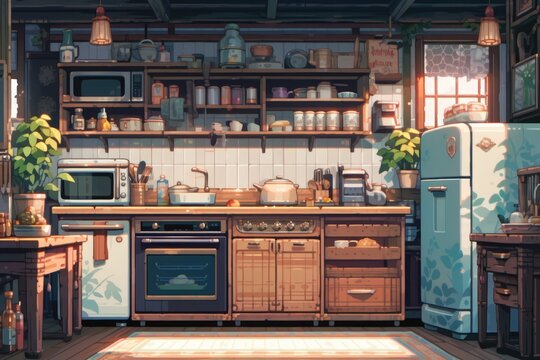 Naklejki aesthetic kitchen background in pixel art style.