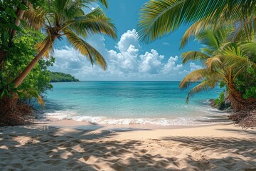 Sunny summer beach with palms background , copy space for product