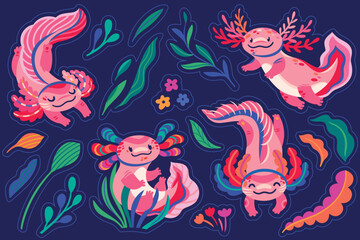 Fototapeta na wymiar Sticker set of four cute cartoon axolotls, amphibian creatures are floating in the seaweeds