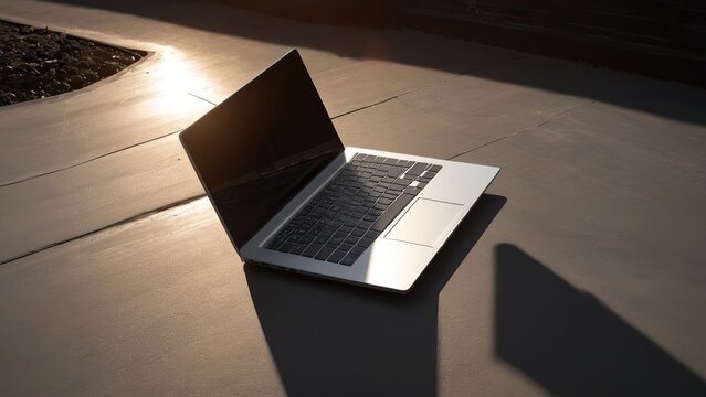 In the autumn season, a laptop is placed on a sunlit asphalt road during the day.