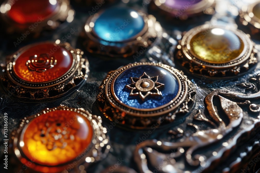 Poster a close-up view of a bunch of buttons arranged on a table. perfect for fashion designers, sewing ent
