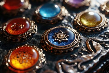 A close-up view of a bunch of buttons arranged on a table. Perfect for fashion designers, sewing enthusiasts, or crafting projects.