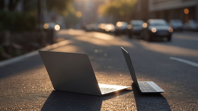 With the beauty of autumn sunlight, a laptop is positioned on an asphalt highway.