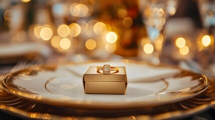 Brilliant precious golden engagement ring jewelry with diamonds on a gold box on a ceramic plate in a luxurious restaurant. Shiny wedding promise gift, marriage proposal, romantic relationship