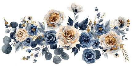 blue watercolor,  flowers roses of navy blue, white and gold on a white background, decorative pattern, of floral motifs, minimalist  design
