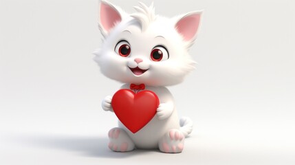 A white cat holding a red heart in its paws