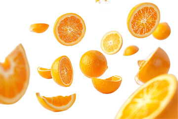 orange fruits fly isolated on transparant background - obrazy, fototapety, plakaty