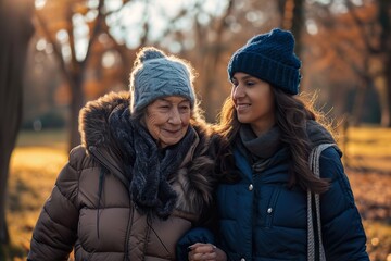 young woman and grandmother walking at the park in the winter - obrazy, fototapety, plakaty