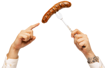 Hand pointing to hot delicious sausage on fork against transparent background. Concept of Oktoberfest, traditions, Bavarian culture, alcohol drinks. Ad