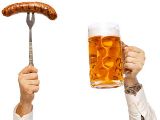 Hands holding refreshment cold foamy lager beer and hot delicious sausage against transparent background. Concept of Oktoberfest, traditions, Bavarian culture, alcohol drinks. Ad