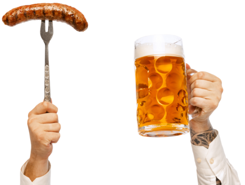 Hands holding refreshment cold foamy lager beer and hot delicious sausage against transparent background. Concept of Oktoberfest, traditions, Bavarian culture, alcohol drinks. Ad