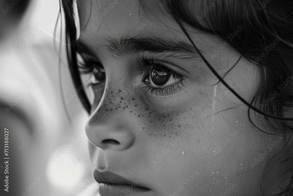 Poster A close up view of a child with freckles on her face. Suitable for various uses