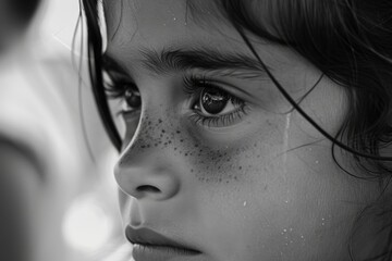 A close up view of a child with freckles on her face. Suitable for various uses
