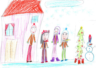 Child drawing. Children play with snow outside christmas tree.Vacation, holiday, New year, Christmas