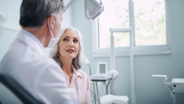 Doctor talking to a patient. She is older, very nicely dressed, and is aging very elegantly. Her skin and complection look well cared for. 