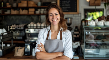 Portrait of smiling young female barista with crossed arms in apron near coffee shop counter. Business concept, consumerism.