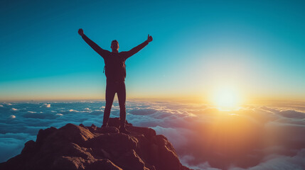 Strong and confident man standing on to a mountain. Fit active lifestyle concept. Positive man celebrating on mountain top, with arms raised up, Goal, successful, achievement 