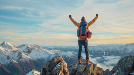 Strong and confident man standing on to a mountain. Fit active lifestyle concept. Positive man celebrating on mountain top, with arms raised up, Goal, successful, achievement  - obrazy, fototapety, plakaty