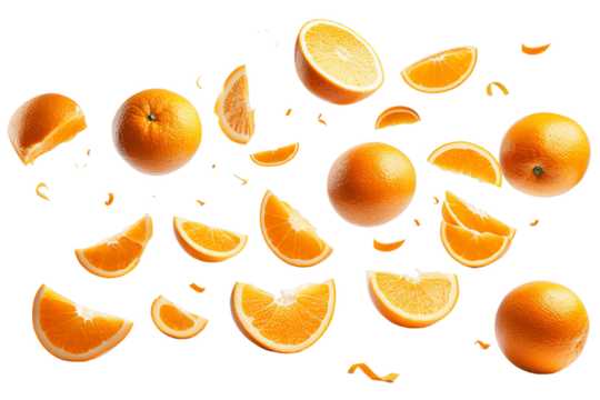 orange fruits fly isolated on transparant background
