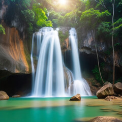 Majestic Waterfall in Lush Forest: A Serene and Tranquil Natural Beauty