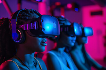 Girls watching a film in virtual reality goggles in a room with neon lighting